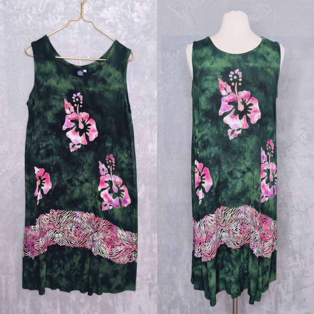 HIBISCUS COLLECTION HAWAII Green & Pink Midi Tank Dress O/S Sleeveless Tropical